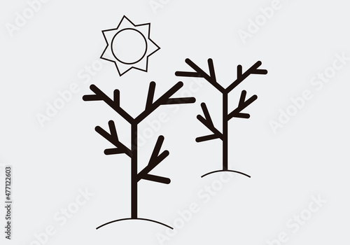 Icono negro de árboles en sequía por calentamiento global. 