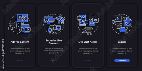 Paid subscription features night mode onboarding mobile app screen. Walkthrough 4 steps graphic instructions pages with linear concepts. UI, UX, GUI template. Myriad Pro-Bold, Regular fonts used