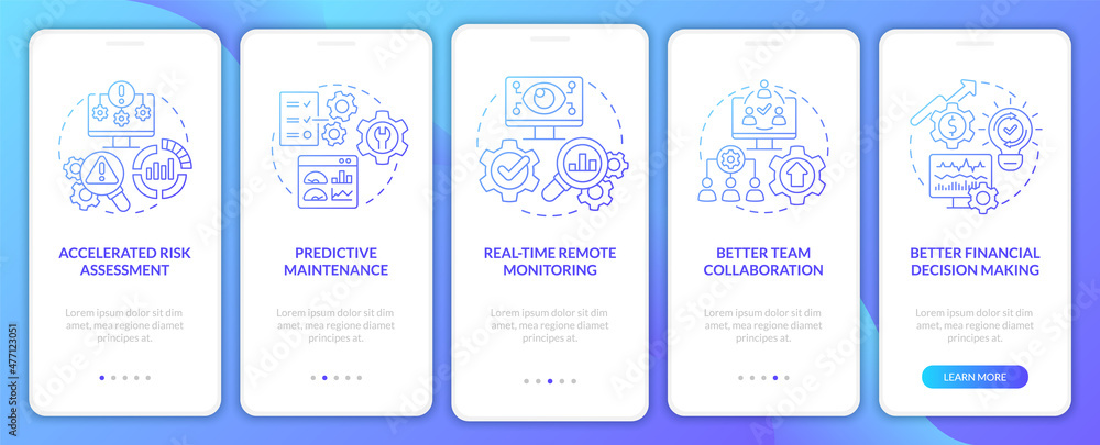 Digital twin benefits blue gradient onboarding mobile app screen. Walkthrough 5 steps graphic instructions pages with linear concepts. UI, UX, GUI template. Myriad Pro-Bold, Regular fonts used