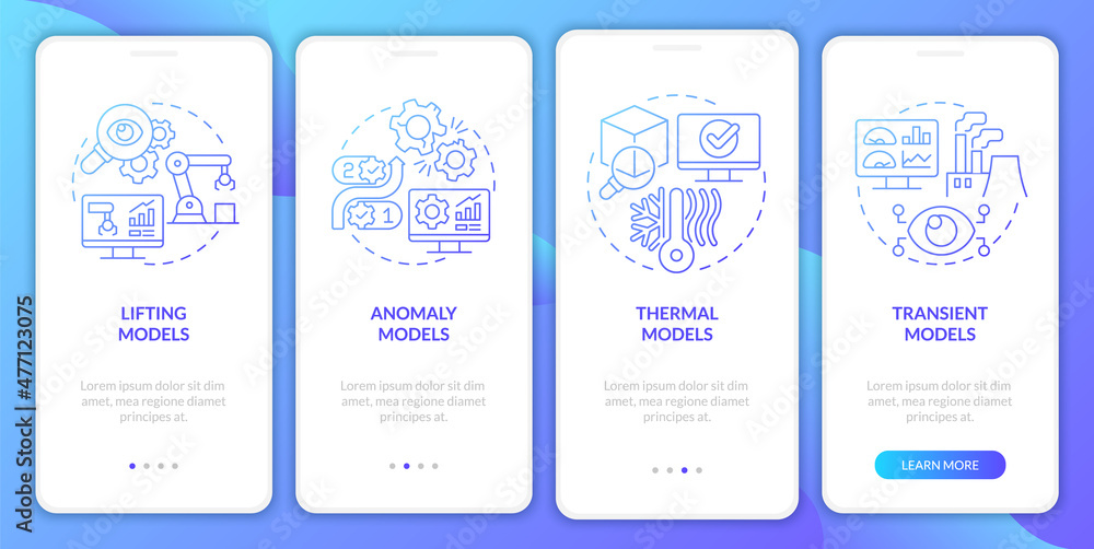 Digital twin models blue gradient onboarding mobile app screen. Walkthrough 4 steps graphic instructions pages with linear concepts. UI, UX, GUI template. Myriad Pro-Bold, Regular fonts used
