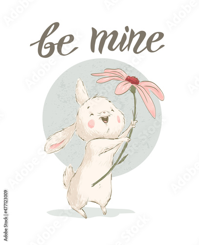 Hand drawn illustration with cute little white bunny character hold big chrysanthemum flower isolated. Vector flat sketch. For Valentine day cards, banners, stickers, prints, sublimation etc.