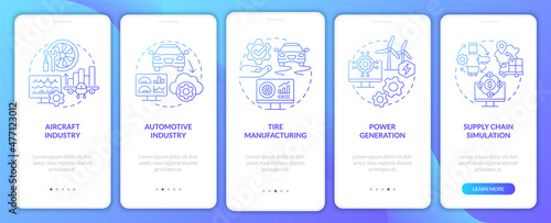 Digital twin usage blue gradient onboarding mobile app screen. Simulation walkthrough 5 steps graphic instructions pages with linear concepts. UI, UX, GUI template. Myriad Pro-Bold, Regular fonts used