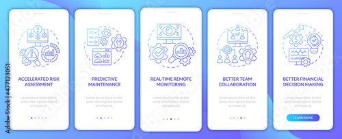 Digital twin benefits blue gradient onboarding mobile app screen. Walkthrough 5 steps graphic instructions pages with linear concepts. UI, UX, GUI template. Myriad Pro-Bold, Regular fonts used