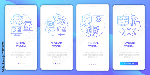 Digital twin models blue gradient onboarding mobile app screen. Walkthrough 4 steps graphic instructions pages with linear concepts. UI, UX, GUI template. Myriad Pro-Bold, Regular fonts used