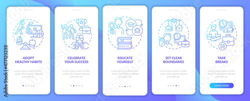 Anxiety avoiding at work blue gradient onboarding mobile app screen. Tips walkthrough 5 steps graphic instructions pages with linear concepts. UI, UX, GUI template. Myriad Pro-Bold, Regular fonts used