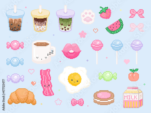 Pixel art cute stuff set. Vector 8 bit kawaii style collection of bubble tea, candies, eggs and beacon, paws, bows, lollipops, decorations, croissant, lips. Pack of game element of retro game graphic.
