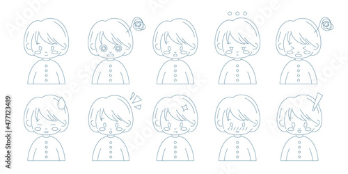 Set of characters, girls avatars. Emotions. Cute outline line art girl angry, confused, wow, shy, calm faces.  Web design concept. Collection of a vector icons