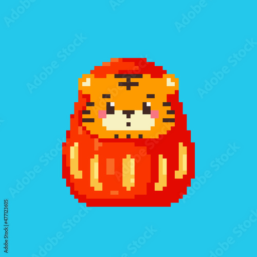 Pixel art daruma tiger icon. Vector 8 bit style illustration of Chinese tiger doll. Isolated red and gold element of retro video game computer graphic.