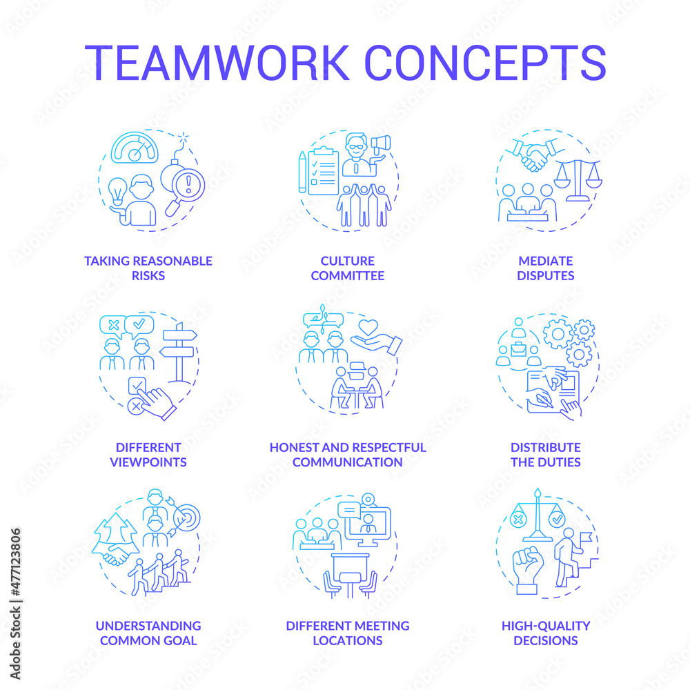 Teamwork blue gradient concept icons set. Successful collaboration. Employees coworking idea thin line color illustrations. Isolated outline drawings. Roboto-Medium, Myriad Pro-Bold fonts used