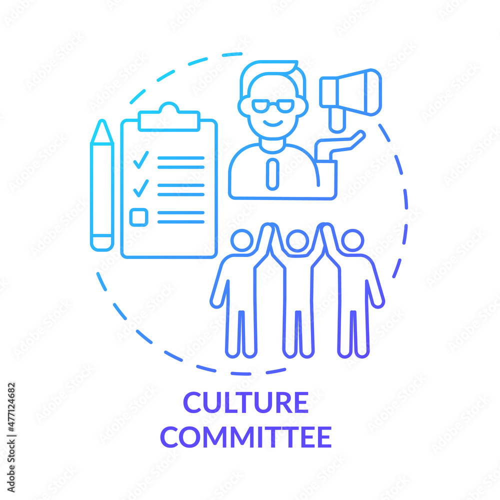 Culture committee blue gradient concept icon. Cross team and corporate values abstract idea thin line illustration. Isolated outline drawing. Roboto-Medium, Myriad Pro-Bold fonts used - obrazy, fototapety, plakaty 