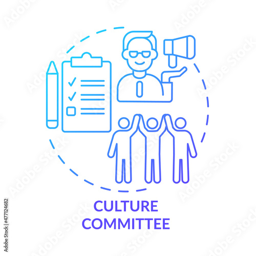 Culture committee blue gradient concept icon. Cross team and corporate values abstract idea thin line illustration. Isolated outline drawing. Roboto-Medium, Myriad Pro-Bold fonts used