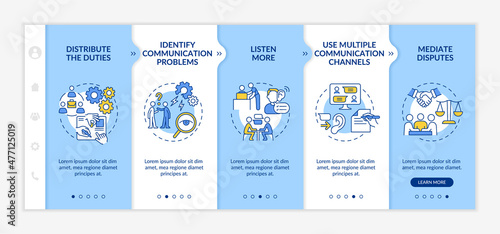 Ways to improve teamwork blue and white onboarding template. Company strategy. Responsive mobile website with linear concept icons. Web page walkthrough 5 step screens. Lato-Bold, Regular fonts used
