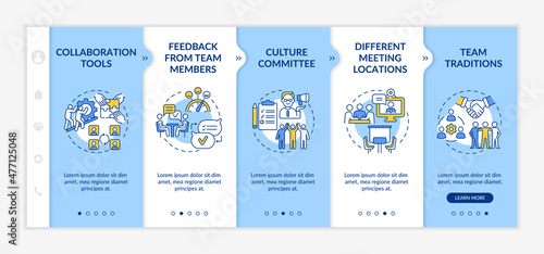 Teamwork improving tips blue and white onboarding template. Productivity boost. Responsive mobile website with linear concept icons. Web page walkthrough 5 step screens. Lato-Bold, Regular fonts used