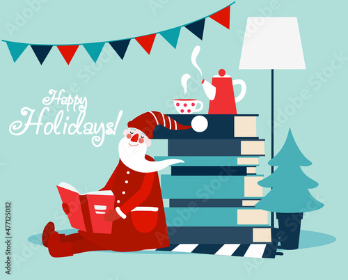 Cute winter holiday illustration with funny Santa Claus reads a book. Christmas and Happy Holidays vector card