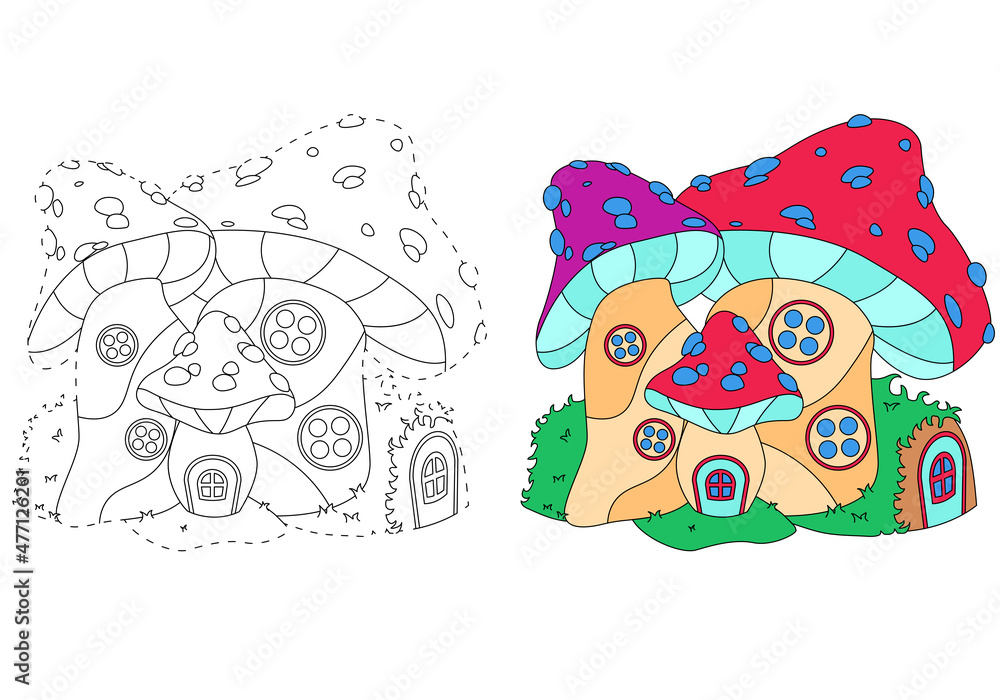 Naklejka premium A fairytale castle inside the mushrooms. Coloring book for children. Practice of handwriting. Education Development Worksheet.
