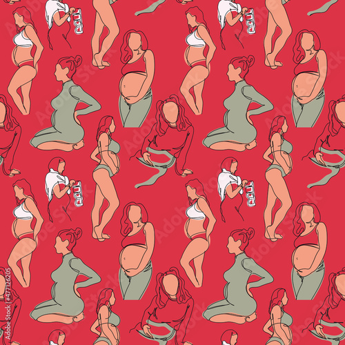 seamless pattern with pregnant women on the red background 