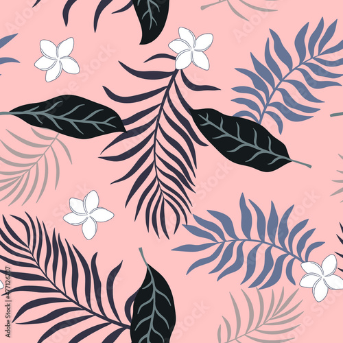 Tropical background with palm leaves. Seamless floral pattern. Summer vector illustration. Flat jungle print