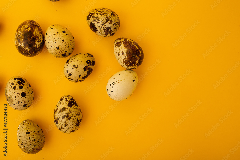Small quail eggs lie on a yellow background, minimalism for advertising