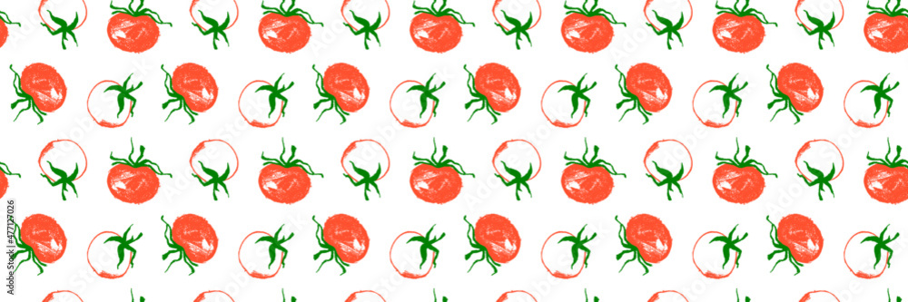 Vector Tomatoes pattern seamless for label tomato paste or Tomato juice packaging. Hand-drawn vegetarian background. Organic vegetables. Vegan ornament for eco market banner, healthy food flyer — Bio. Vector Tomatoes pattern seamless for label tomato paste or Tomato juice packaging. Hand-drawn vegetarian background. Organic vegetables. Vegan ornament for eco market banner, healthy food flyer — Bio.