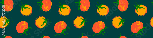 Vector Tomatoes pattern seamless for label tomato paste or Tomato juice packaging. Hand-drawn vegetarian background. Organic vegetables. Vegan ornament for eco market banner, healthy food flyer — Bio.