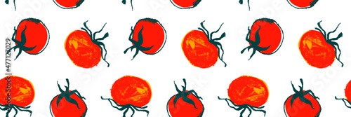 Vector Tomatoes pattern seamless for label tomato paste or Tomato juice packaging. Hand-drawn vegetarian background. Organic vegetables. Vegan ornament for eco market banner, healthy food flyer — Bio.