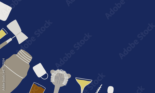 Beautiful vector background with bartending equipment shaker, mixing, serving, spoon, pouring cocktails, corkscrew, glasses of drinks in the bar, in a flat and cartoon style. National Bartender Day 