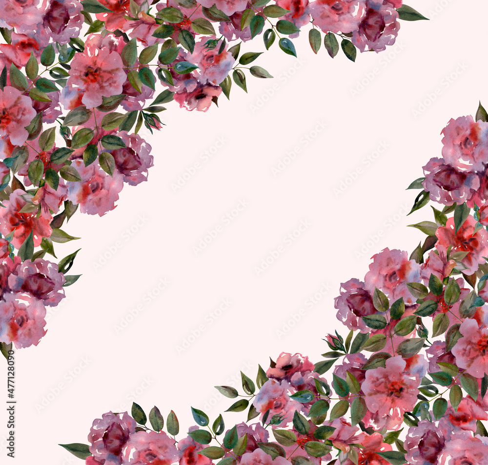 Watercolor substrate with rosebuds, branches and inflorescences on a pink background. Can be used as a postcard, invitation card for a wedding, birthday and other holiday and summer backgrounds. 