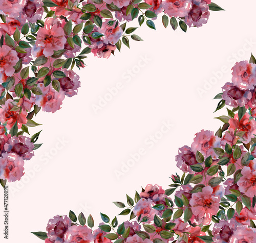 Watercolor substrate with rosebuds, branches and inflorescences on a pink background. Can be used as a postcard, invitation card for a wedding, birthday and other holiday and summer backgrounds.  © Anna