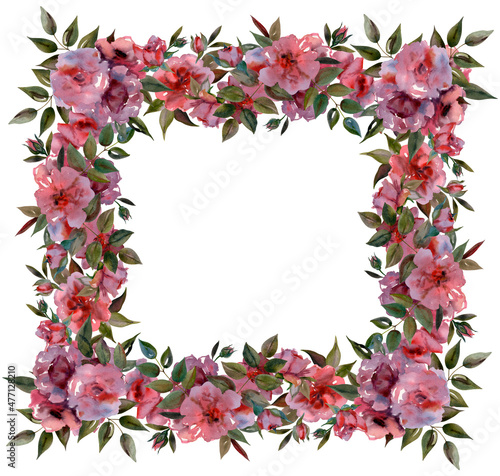 Watercolor floral frame with buds,branches and rose inflorescences on an isolated background.Can be used as a postcard, invitation card for a wedding,birthday and other holiday and summer backgrounds. © Anna