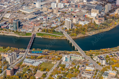 Aerial view of the downtown area of Saskatoon, Saskatchewan, Canada photo