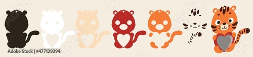 Cute tiger candy ornament. Layered paper decoration treat holder for dome. Hanger for sweets, candy for birthday, baby shower, valentine days. Print, cut out, glue. Vector stock illustration