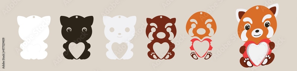 Obraz premium Cute red panda candy ornament. Layered paper decoration treat holder for dome. Hanger for sweets, candy for birthday, baby shower, valentine days. Print, cut out, glue. Vector stock illustration