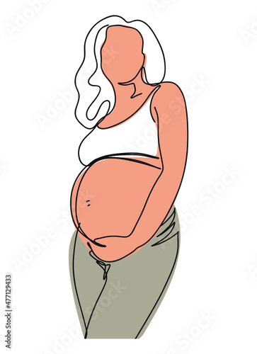 Vector continuous line art of pregnant curly woman holding her belly 