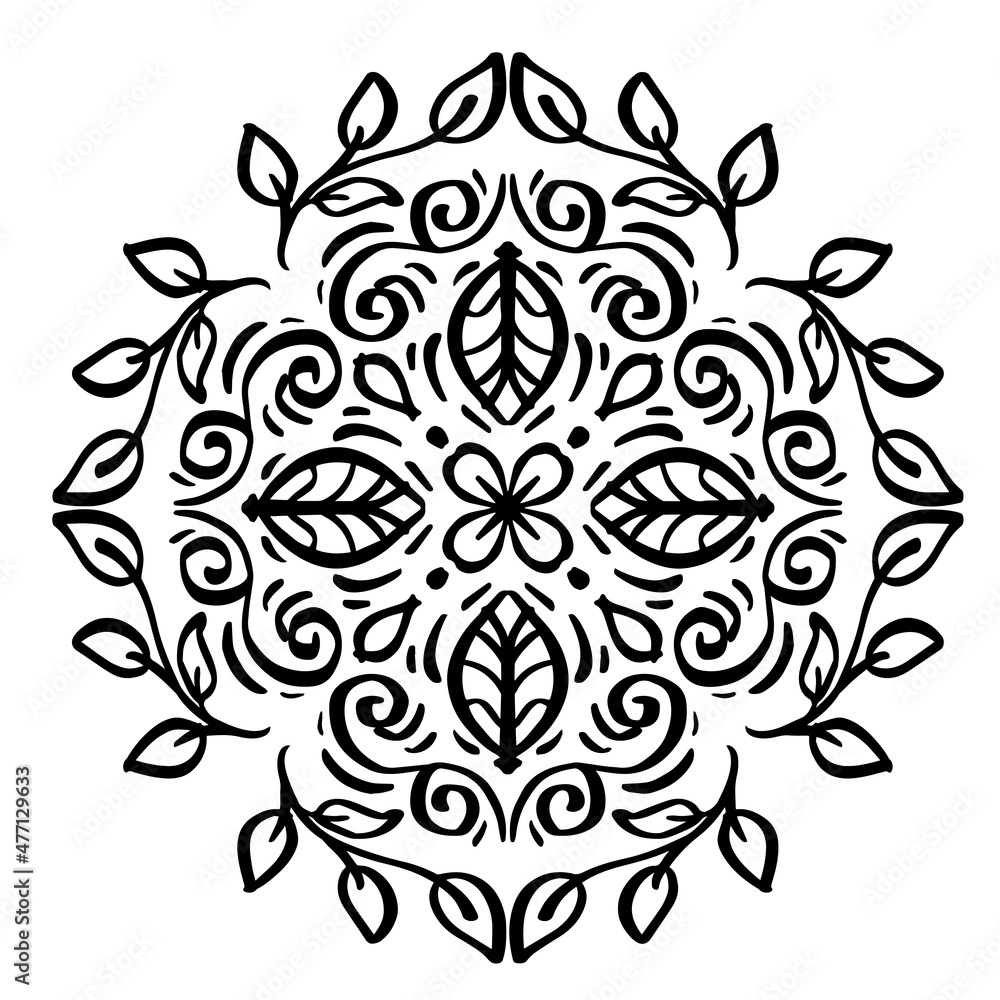 Ornamental mandala design background with leaves. Black and white. 