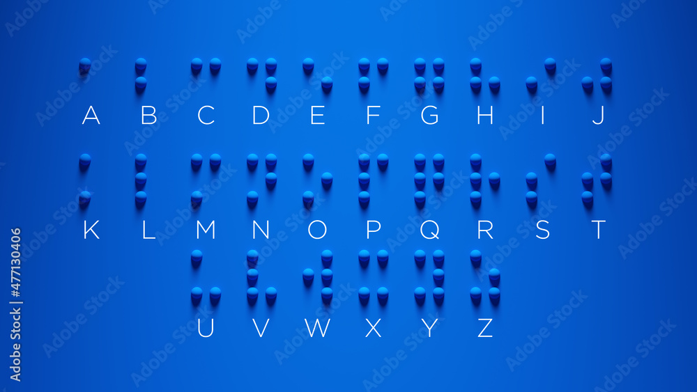 Braille Alphabet Guide A-Z Visually Impaired Writing System Symbol Formed out of Blue Spheres with Blue Background International Braille Day 4 January Communicate 3d illustration - obrazy, fototapety, plakaty 