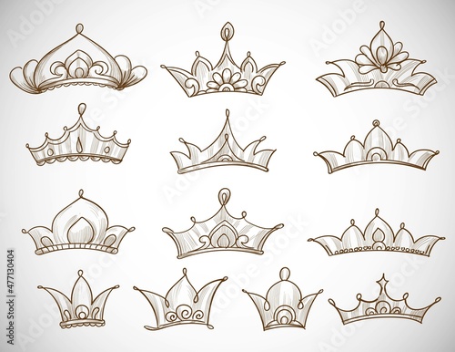 Beautiful hand drawn crowns sketch set design
