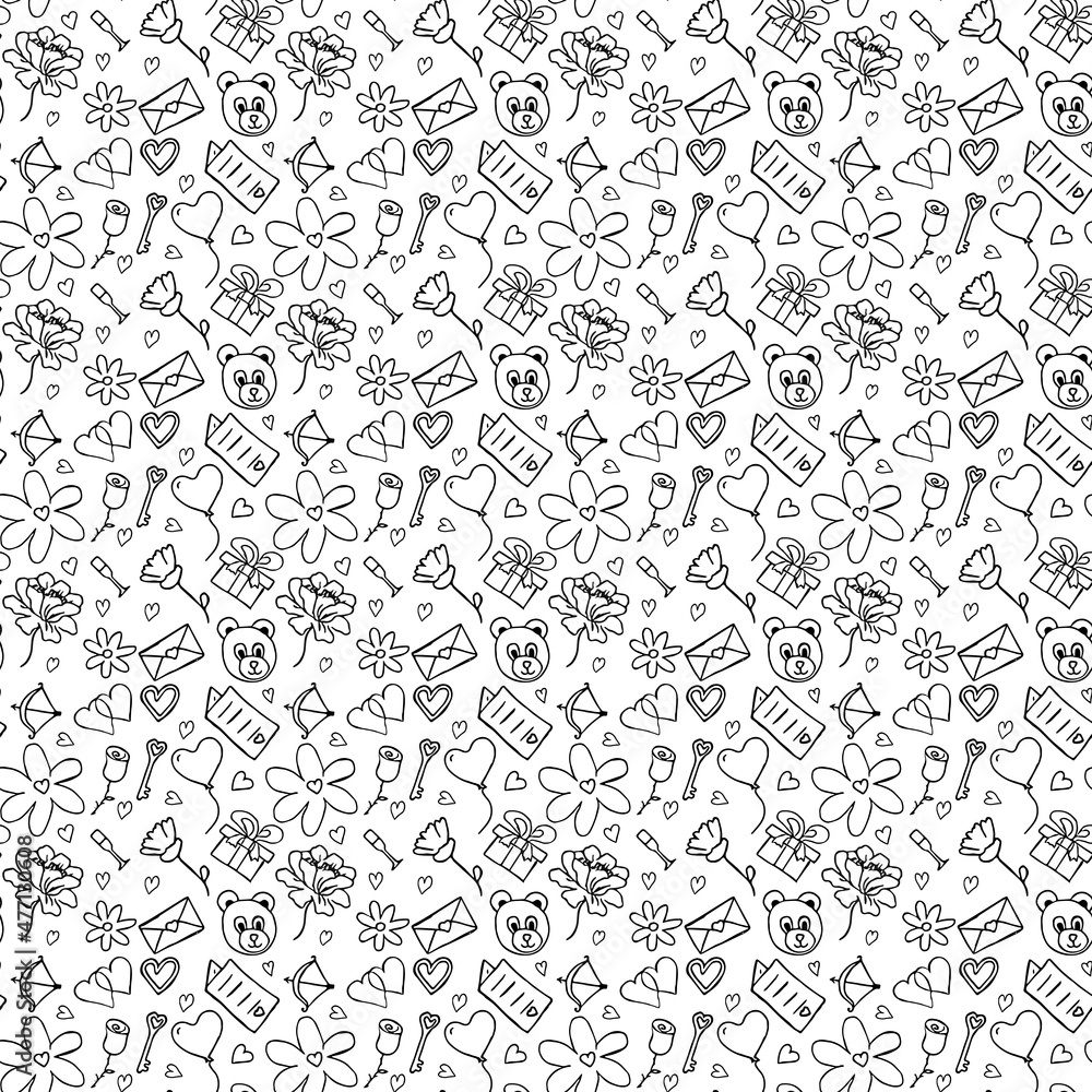 Valentine's day pattern. Seamless pattern with hearts, giftbox, flowers, teddy bear, rose. Set of valentine's day icons