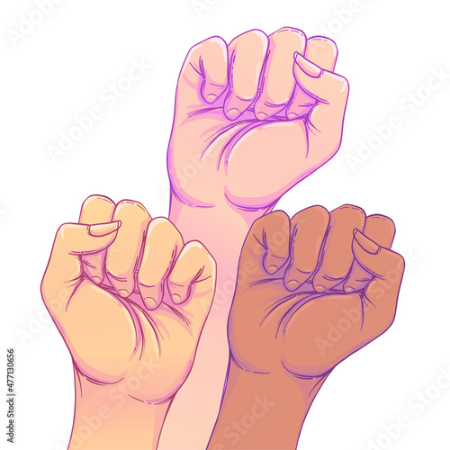 Fight like a girl. 3 Woman's hands with her fist raised up. Girl Power. Feminism concept. Realistic style vector illustration in pink pastel goth colors. Sticker, patch graphic design.