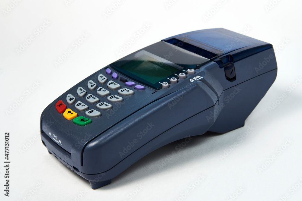 Payment terminal on white background with copy space Payment terminal on white background with copy space