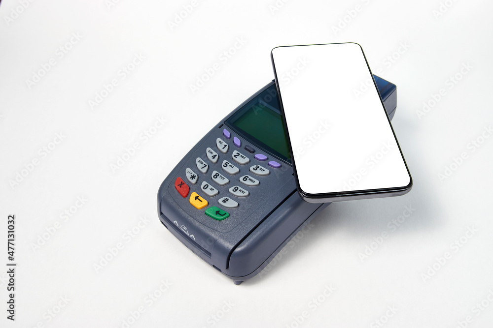 Payment terminal and phone on white background Payment terminal and phone on white background