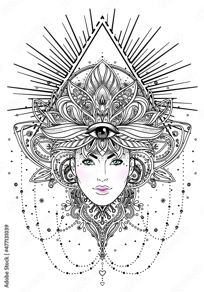 Tribal Fusion Boho Diva. Beautiful Asian divine girl with ornate crown, kokoshnik inspired. Bohemian goddess. Hand drawn elegant illustration. Lotus flower, ethnic art, patterned Indian paisley.