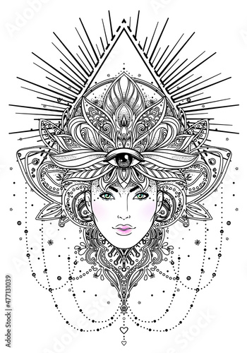 Tribal Fusion Boho Diva. Beautiful Asian divine girl with ornate crown, kokos...
