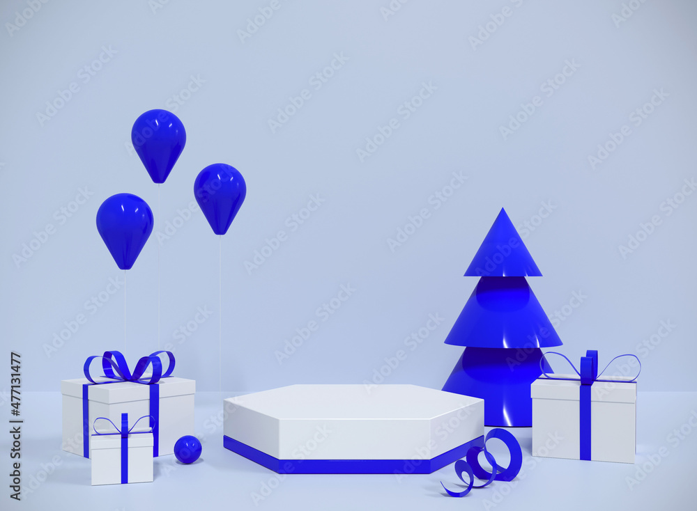 Fototapeta premium 3d rendering hexagonal podium, tree, gifts, decors and blue wall with floor