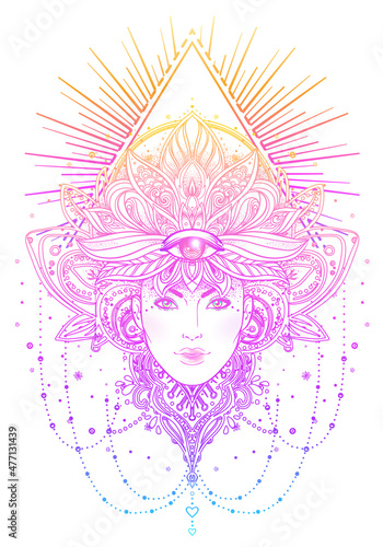 Tribal Fusion Boho Diva. Beautiful Asian divine girl with ornate crown, kokos...