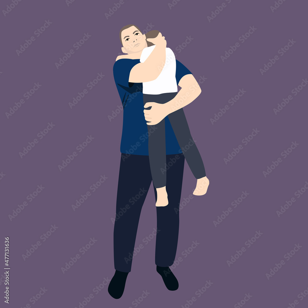 An adult man holds a child in his arms, protecting him from someone and calming him down. The feeling of threat, danger, perhaps this is a situation of domestic violence. An adult man holds a child in his arms, protecting him from someone and calming him down. The feeling of threat, danger, perhaps this is a situation of domestic violence.