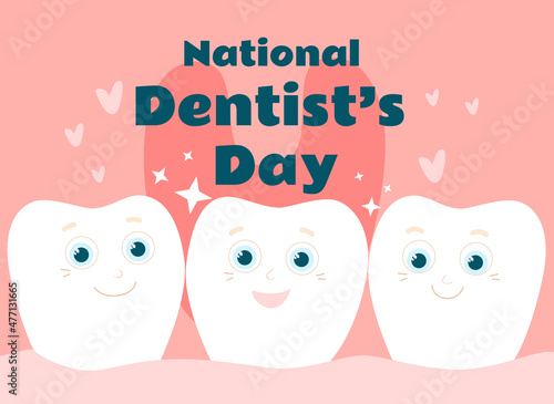 Cute and happy teeth are smiling in the mouth. Postcard National Dentist Day in cartoon flat children's style in gentle pink colors. Horizontal festive banner for web design and print.