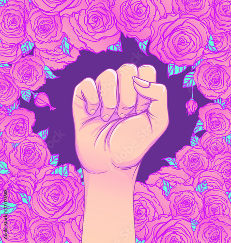 Woman's hand with her fist raised up. Girl Power. Feminism concept. Realistic style vector illustration in pink pastel goth colors isolated on white. Sticker, patch graphic design.