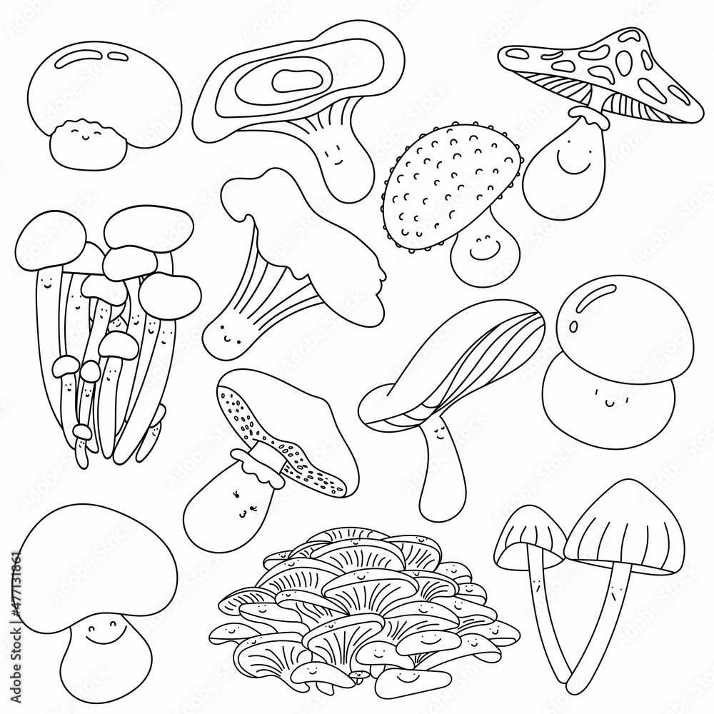Set of icons of cute mushrooms in a linear style isolated on a white background. Mushrooms with muzzles. Ideal for print, banner, post, print, menu design, illustrations and more.