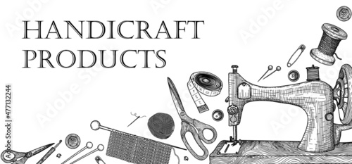 Vector graphic linear elements for needlework. Horizontal banner template. Thread on a spool and a ball, sewing machine, needle, pin, hairpin, buttons, knitting hook and knitting needles, scissors