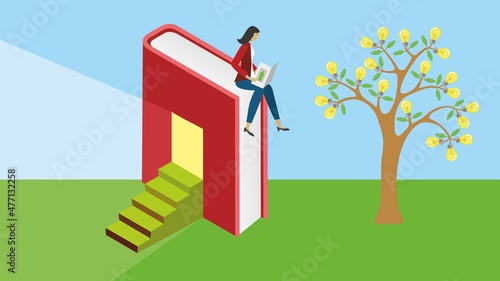 The entrance to knowledge. Woman sitting on book reading, beside a tree with growing light bulbs. Vector illustration. Dimension 16:9. EPS10.